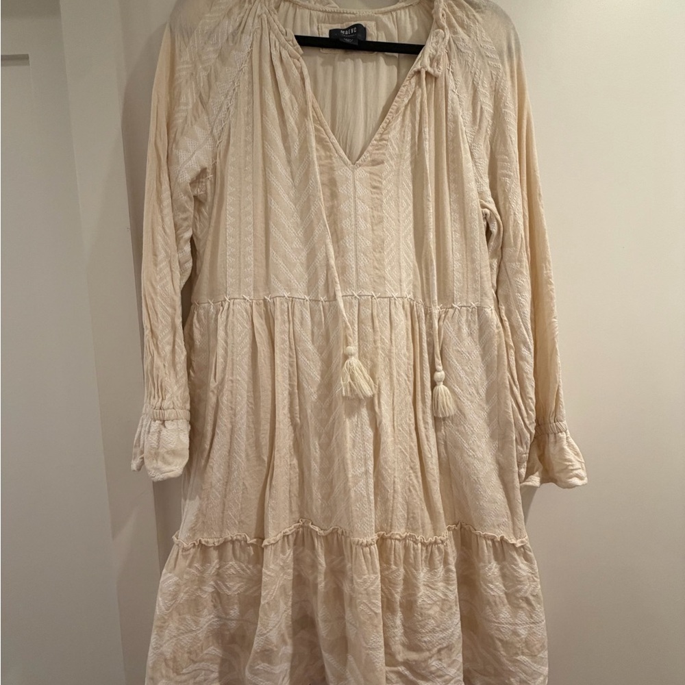 Anthropologie Cream Long-Sleeve Tiered V-Neck Dress